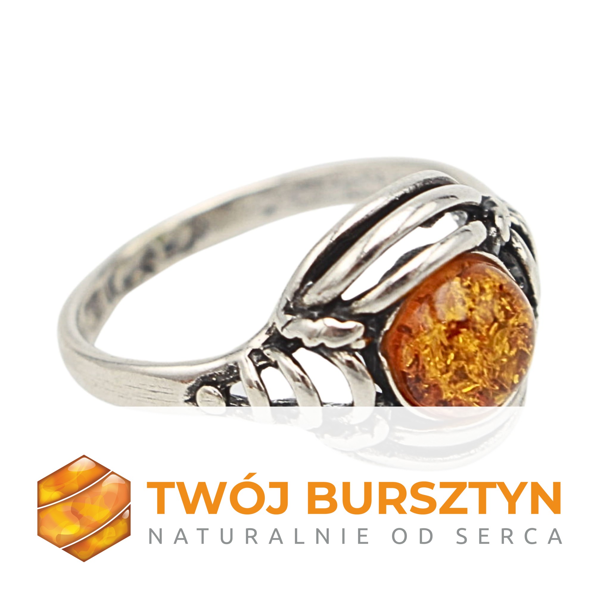 PIERŚCIONEK z bursztynem SREBRNY srebro r. 11