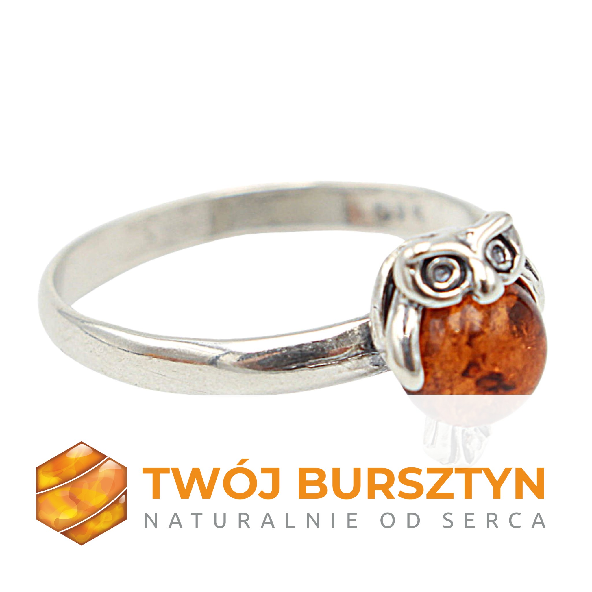 SOWA pierścionek SREBRNY z bursztynem  r.12