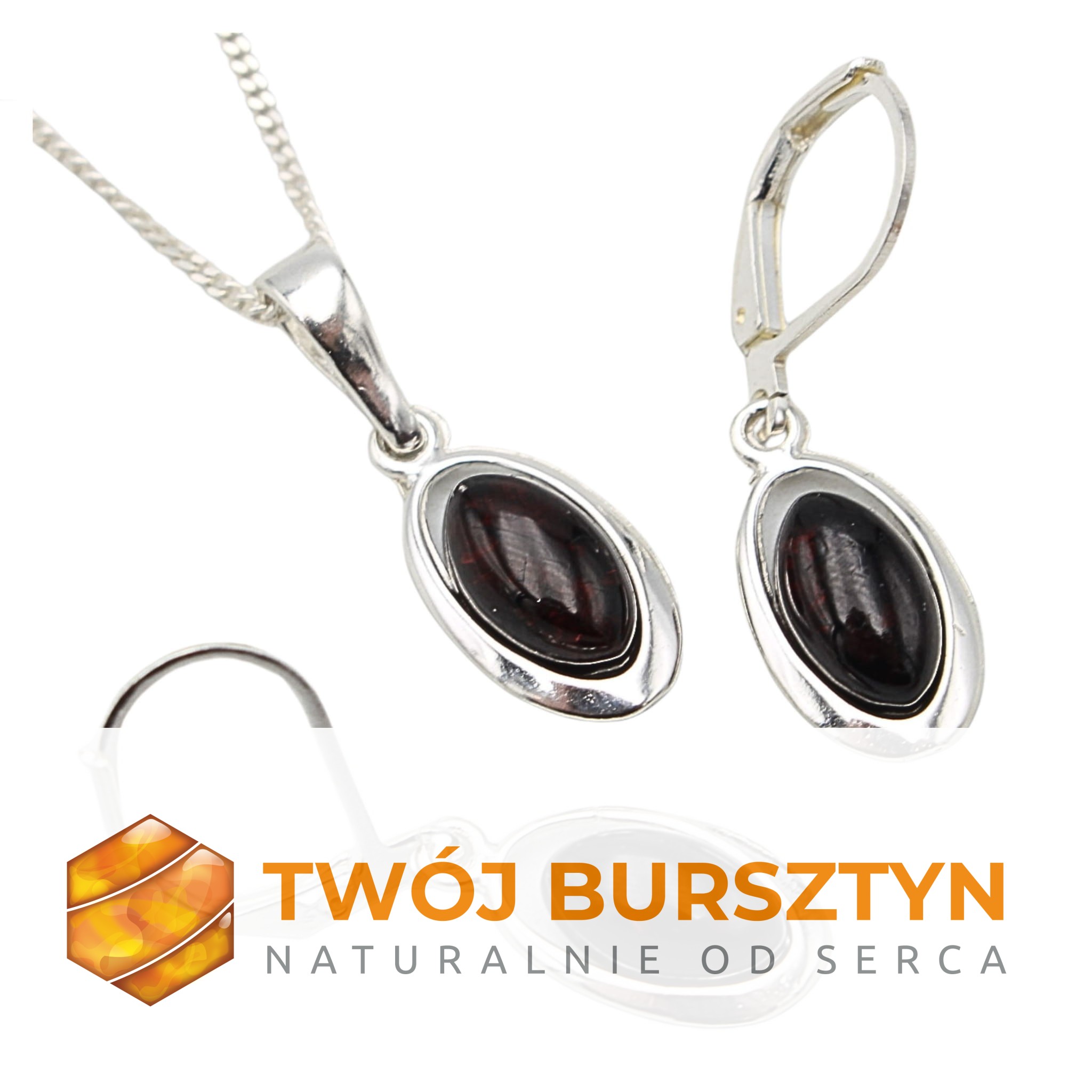 SREBRNY KOMPLET  z bursztynem srebro 925 +ŁAŃCUSZEK