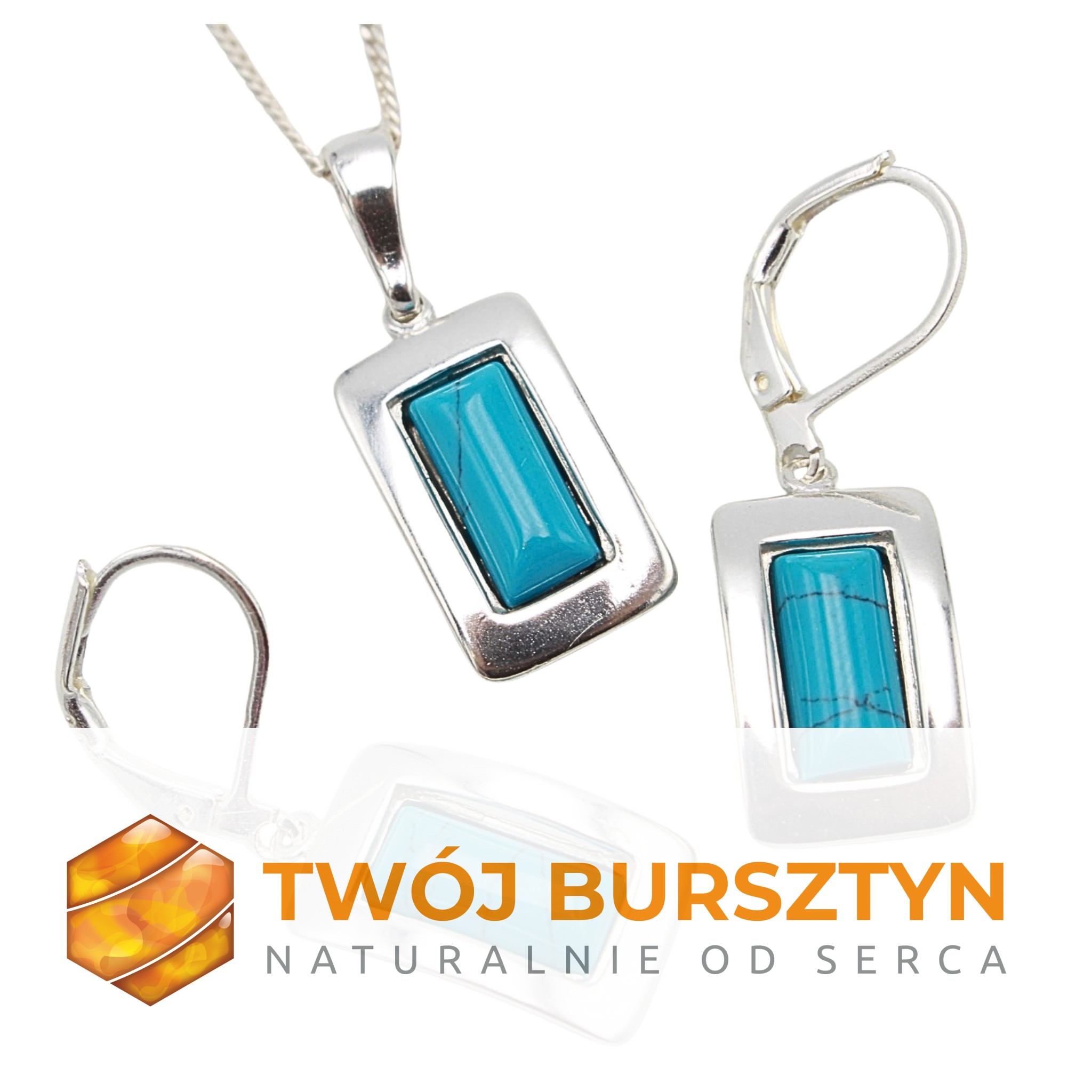 KOMPLET SREBRNY z TURKUSEM turkus + ŁAŃCUSZEK srebro 925