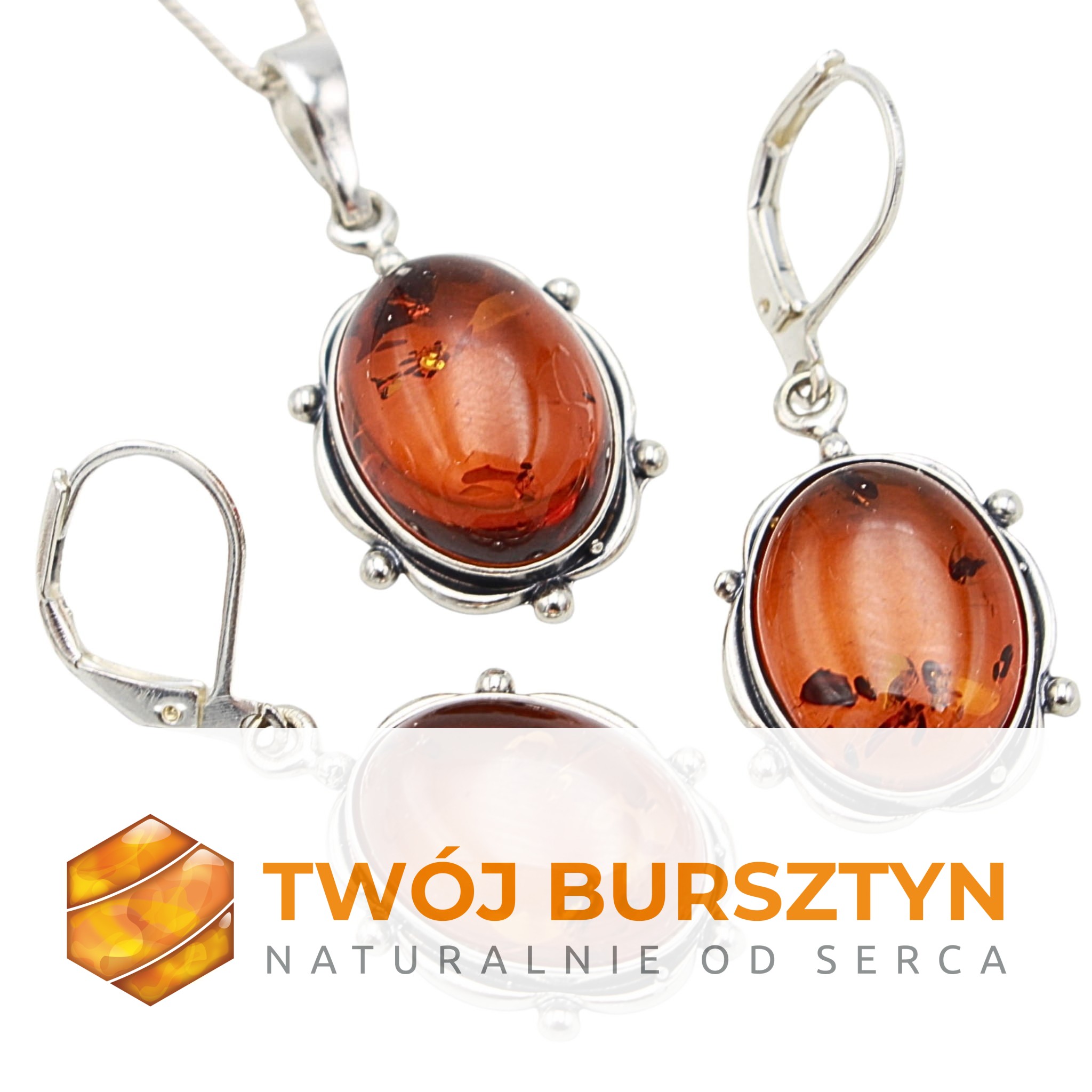 KOMPLET zestaw z bursztynem SREBRO 925 +ŁAŃCUSZEK srebrny BURSZTYN