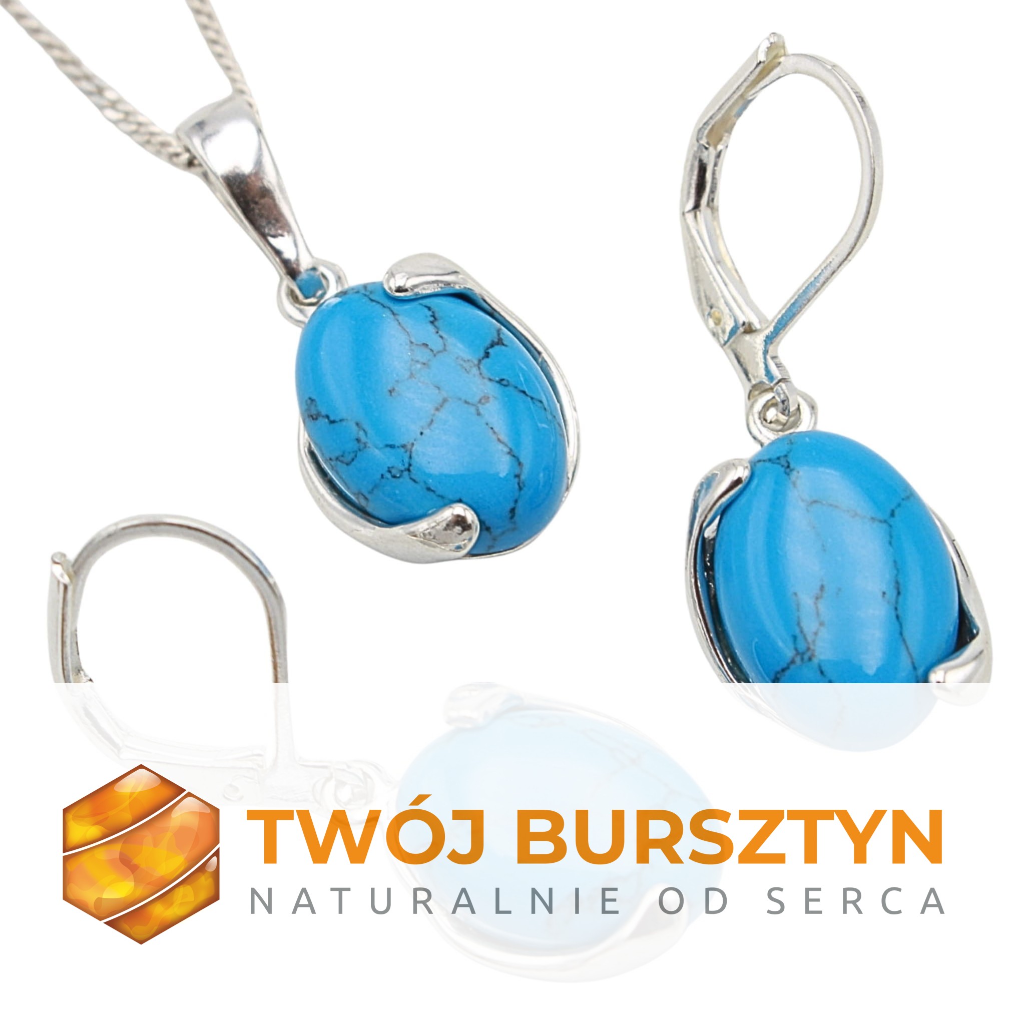 KOMPLET SREBRNY z TURKUSEM turkus + ŁAŃCUSZEK srebro 925