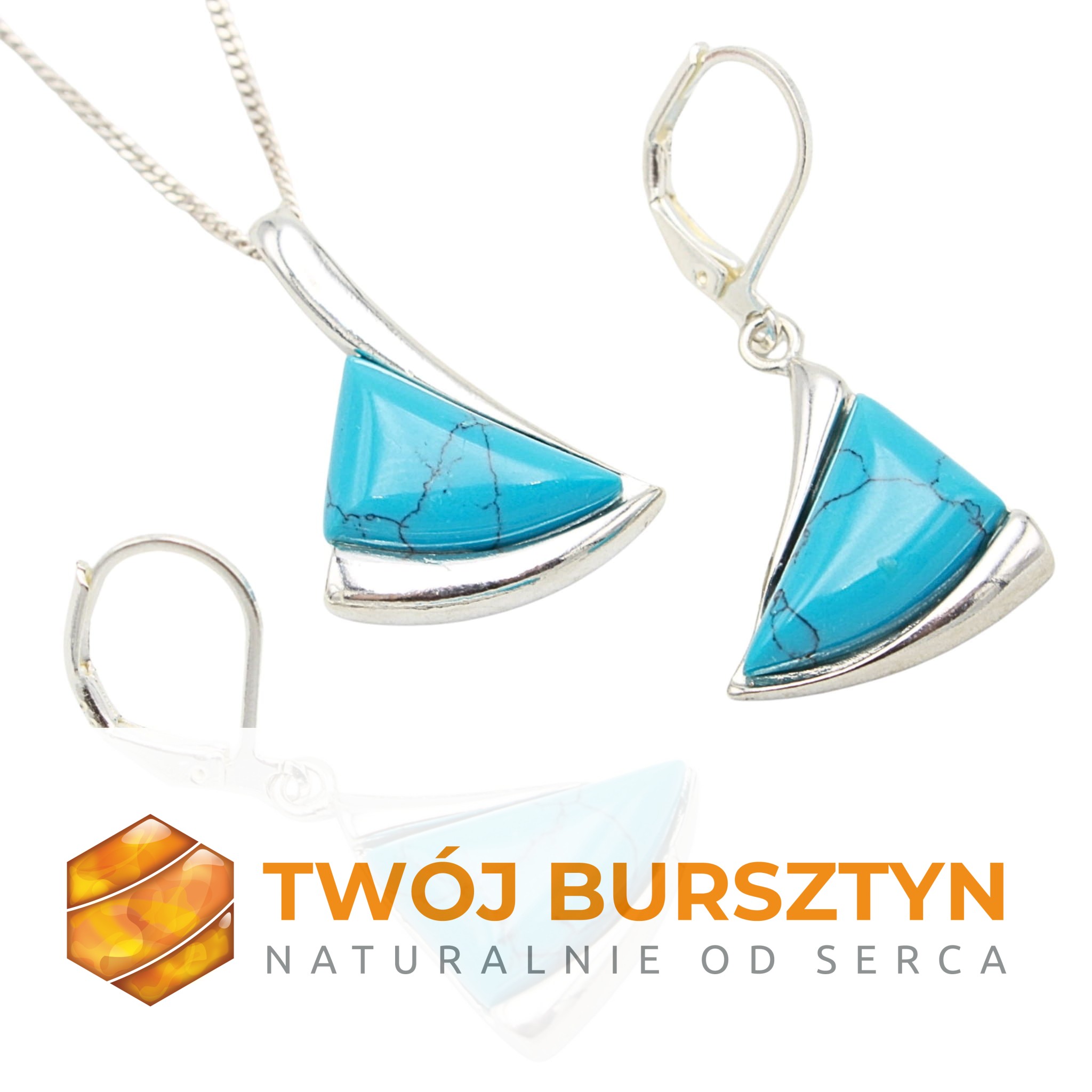 KOMPLET SREBRNY z TURKUSEM turkus + ŁAŃCUSZEK srebro 925