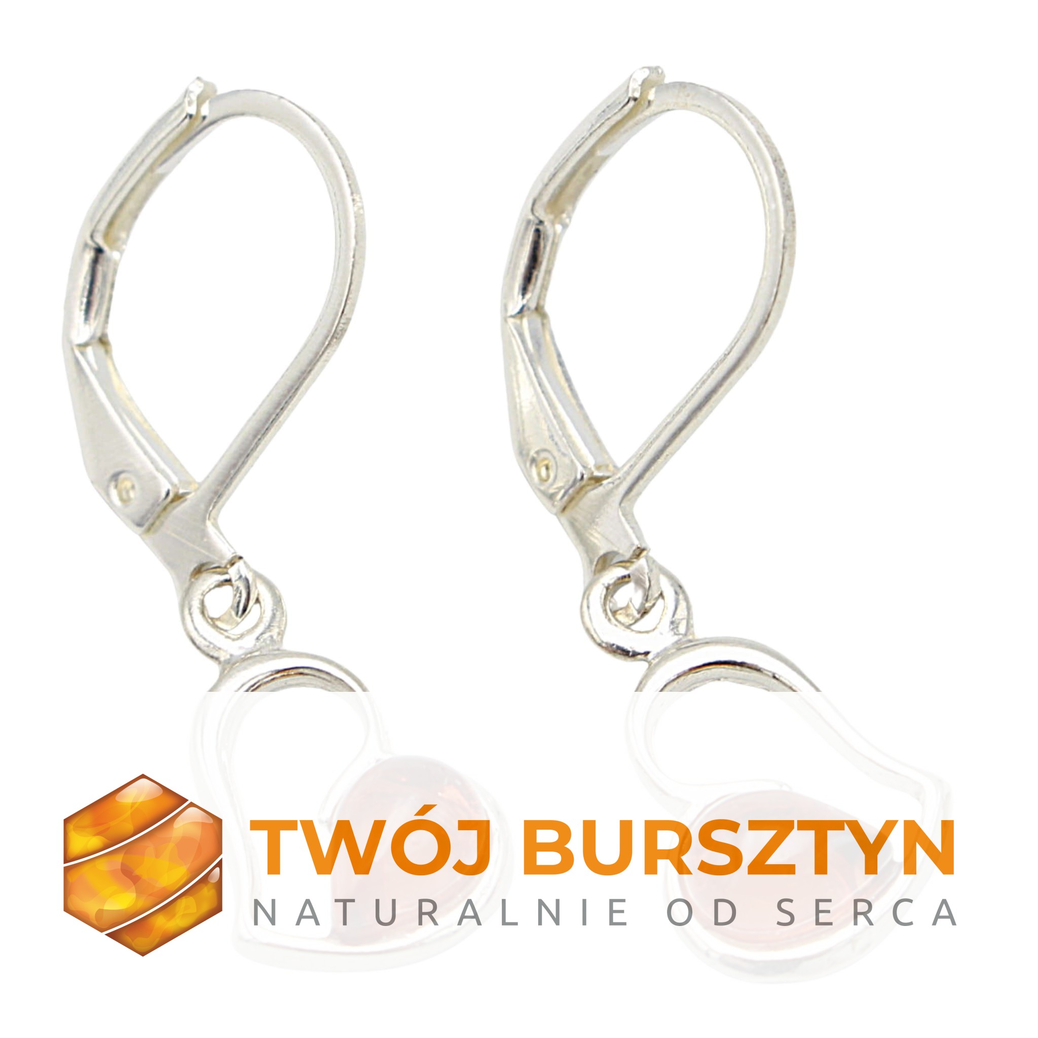 KOLCZYKI SREBRNE Z NATURALNYM BURSZTYNEM SERCA